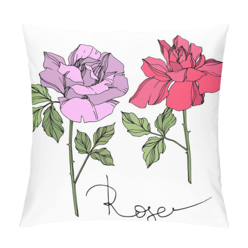 Personality  Vector Violet And Pink Roses Flowers With Green Leaves Isolated On White.  Pillow Covers