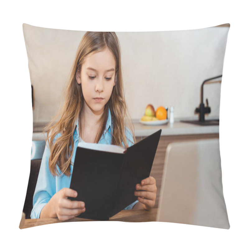 Personality  Selective Focus Of Cute Kid Reading Book Near Laptop While E-learning At Home Pillow Covers