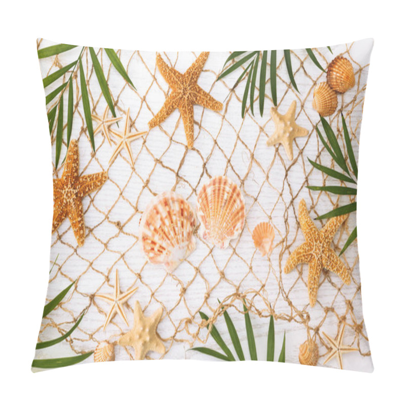 Personality  Summer Time Concept With Sea Shells And Starfish On A White Wooden Background. Pillow Covers