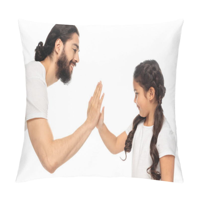 Personality  Cheerful Latin Father Giving Five To Cute Daughter Isolated On White  Pillow Covers