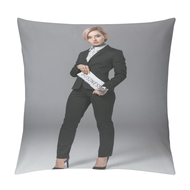 Personality  Businesswoman In Suit Holding Business Newspaper, Isolated On Grey Pillow Covers