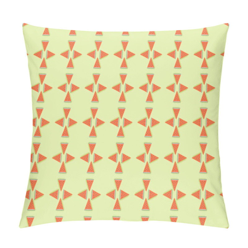 Personality  Top View Of Pattern With Handmade Paper Watermelon Slices Isolated On Green Pillow Covers