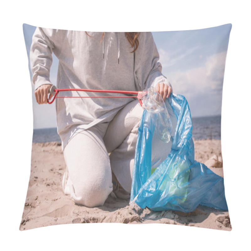 Personality  Cropped View Of Woman Holding Trash Bag And Picking Up Rubbish On Sand  Pillow Covers