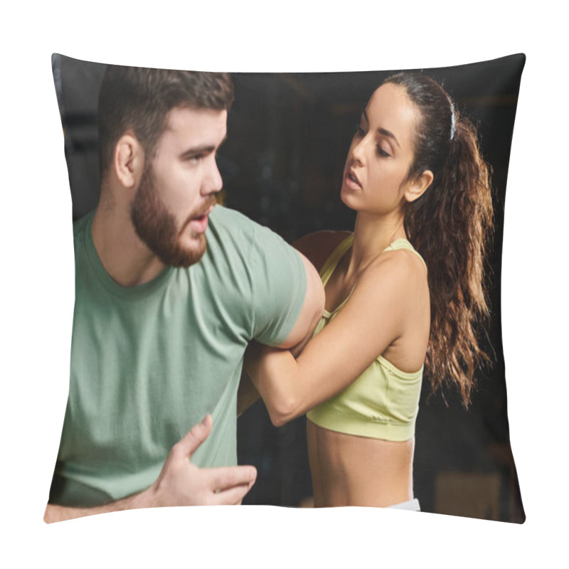 Personality  A Male Trainer Demonstrates Self-defense Techniques To A Woman In A Gym Setting. Pillow Covers