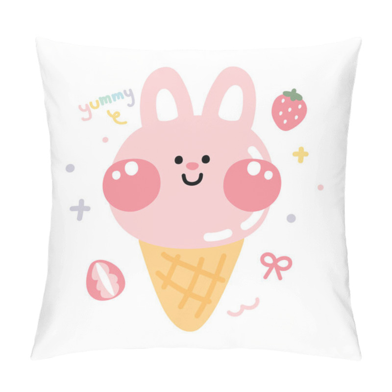 Personality  Cute Strawberry Ice Cream In Rabbit Face Shape Cartoon.Image For Kid Clothing,t Shirt,print Screen,card.Dessert.Isolated.Kawaii.Vector.Illustration. Pillow Covers