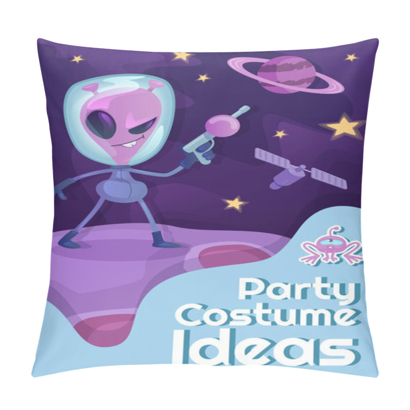 Personality  Party Costume Ideas Poster Flat Vector Template. Martian With Space Weapon. Brochure, Booklet One Page Concept Design With Cartoon Characters. Masquerade, Stylized Disco Party Flyer, Leaflet Pillow Covers