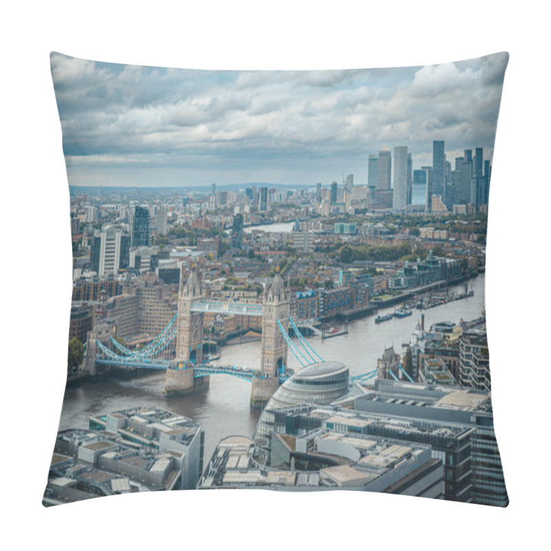 Personality  Expansive Aerial View Of London Tower Bridge Spanning The Thames River With City Skyline In The Background, Iconic Architecture Contrasts With Modern Skyscrapers On A Cloudy Day September 2024 Pillow Covers