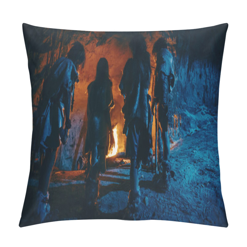 Personality  Tribe Of Prehistoric Hunter-Gatherers Wearing Animal Skins Live In A Cave At Night. Neanderthal Or Homo Sapiens Family Trying To Get Warm At The Bonfire, Holding Hands Over Fire. Back View Pillow Covers