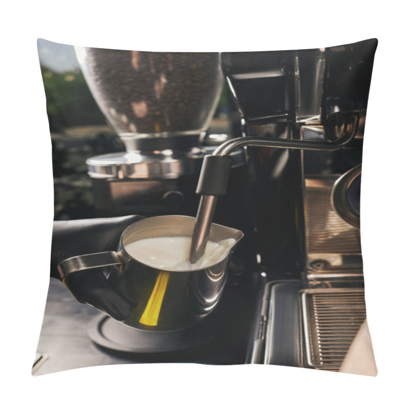 Personality  Cropped View Of Barista Foaming Milk In Pitcher, Frothing Milk, Professional Coffee Machine, Latte  Pillow Covers