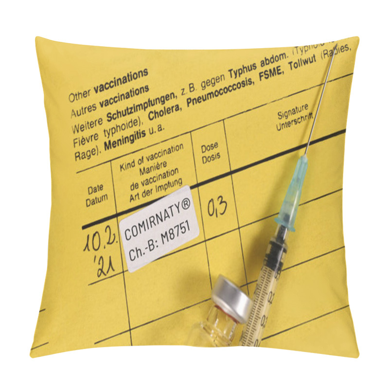 Personality  Dossenheim, Germany - February 2020: Certificate Of Vaccination With PfizerBioNTech COVID-19 Vaccine Comirnaty With Syringe And Vial Pillow Covers