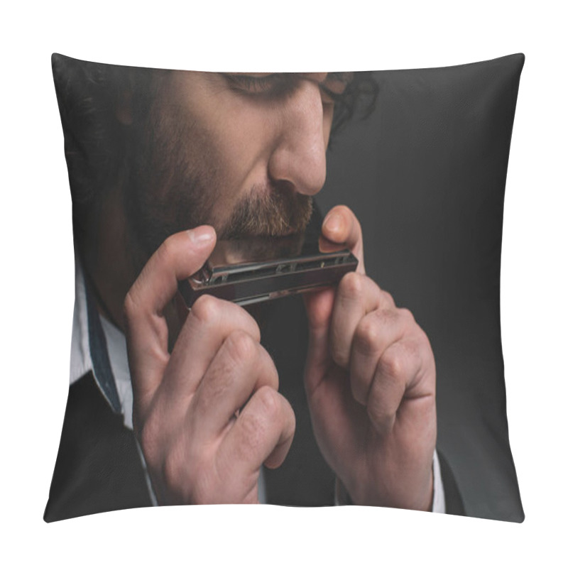 Personality  Close-up Portrait Of Expressive Musician Playing Harmonica On Black Pillow Covers