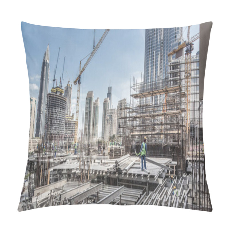 Personality  Laborers Working On Modern Constraction Site Works In Dubai. Fast Urban Development Consept Pillow Covers