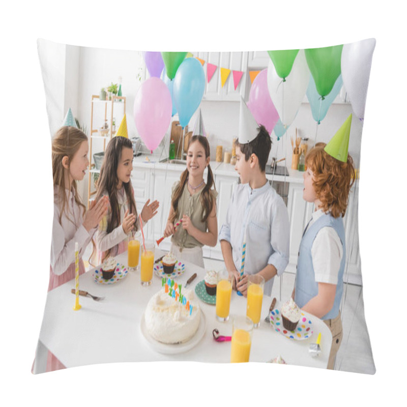 Personality  Positive Children Clapping Hands And Singing Happy Birthday Song Next To Cake With Candles And Balloons  Pillow Covers