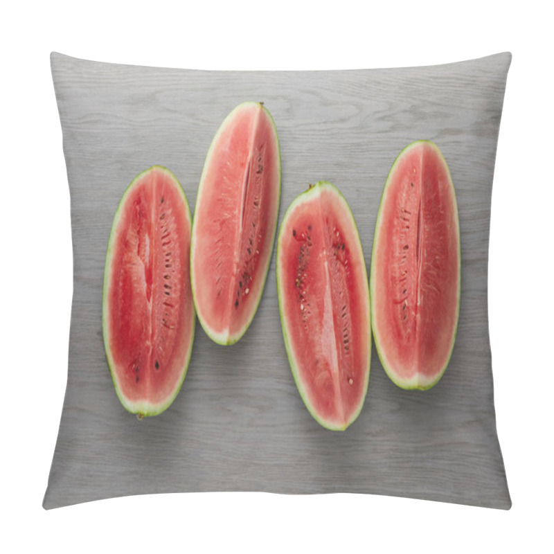 Personality  Top View Of Arranged Fresh Watermelon Slices On Grey Wooden Surface Pillow Covers