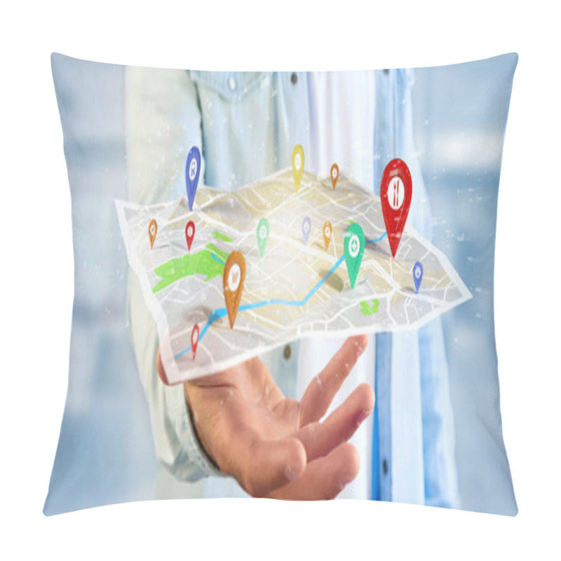 Personality  View Of A Man Holding A 3d Rendering Pin Holder On A Map Pillow Covers