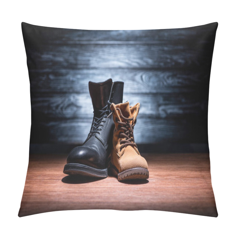 Personality  Close-up Shot Of Father And Son Shoes On Wooden Surface, Happy Fathers Day Concept Pillow Covers