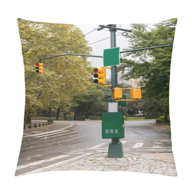 Personality  Urban Scene With Empty Road, Traffic Lights And Green Trees In New York, Usa Pillow Covers