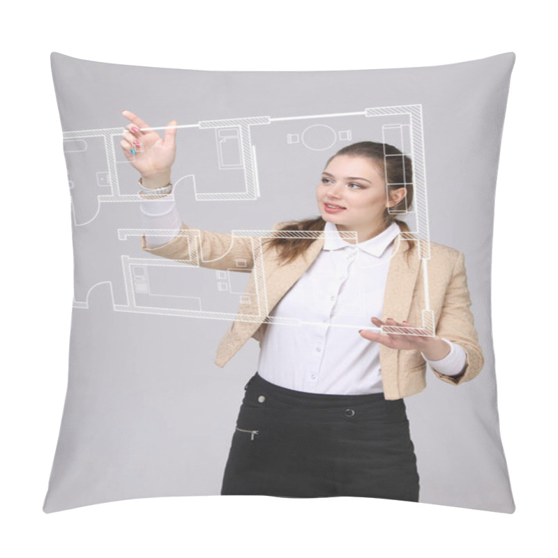 Personality  Female Architect Working With A Virtual Apartment Plan Pillow Covers