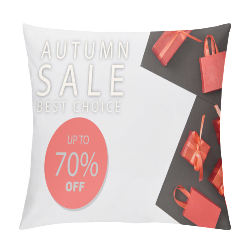 Personality  Top View Of Red Gift Boxes And Shopping Bags On White And Black Background With Up To 70 Percent Off Autumn Sale Illustration  Pillow Covers