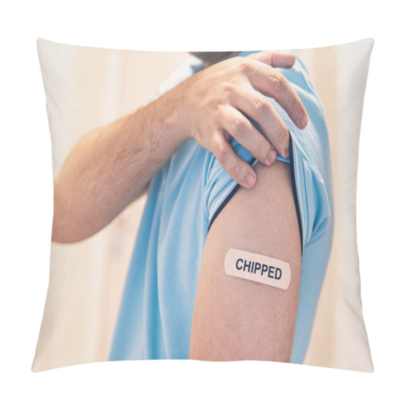 Personality  The Concept Of A Conspiracy Theory About Chipping The World's Population During Mass Vaccination Against The Covid 19 Coronavirus. The Shoulder Is Sealed With A Band-aid With The Inscription Chipped. Pillow Covers