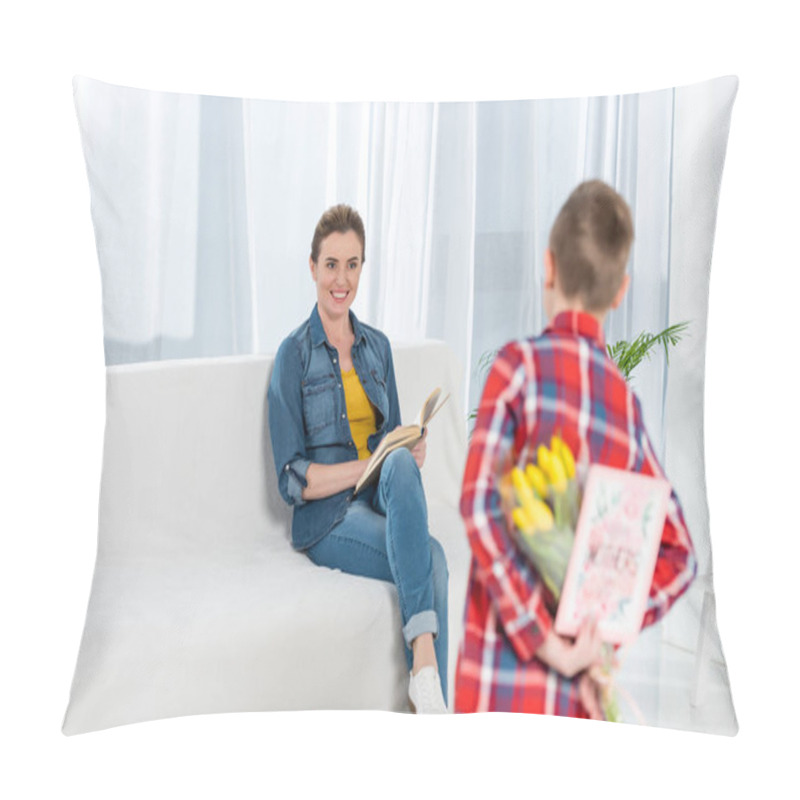 Personality  Son Hiding Flowers And Greeting Card For Mother Behind Back, Mothers Day Concept Pillow Covers