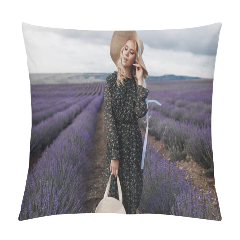 Personality  Fashion Portrait Of A Pretty Young Woman In Lavender Field In Hat With Bag Pillow Covers