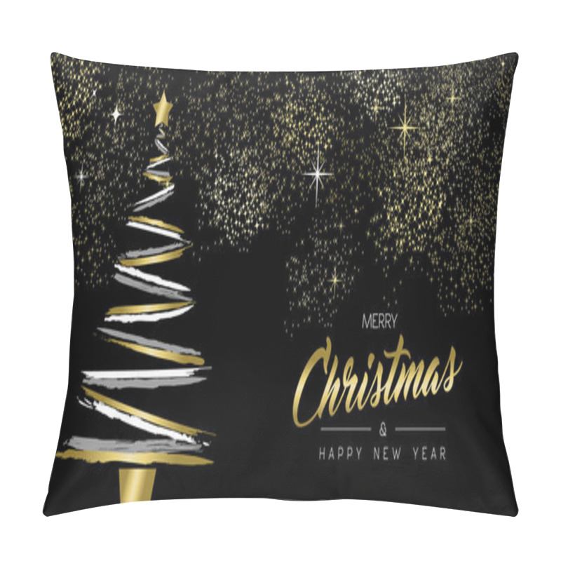 Personality  Merry Christmas And New Year Luxury Greeting Card Illustration. Xmas Pine Tree Made Of Gold Hand Drawn Brush Paint On Night Sky Background. EPS10 Vector. Pillow Covers