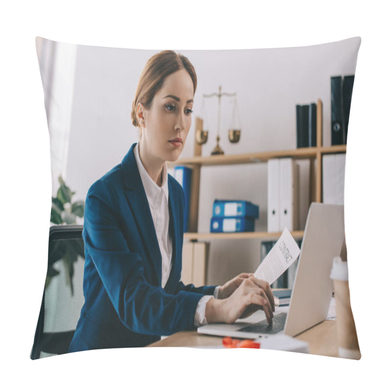 Personality  Focused Female Lawyer Working On Laptop At Workplace In Office Pillow Covers