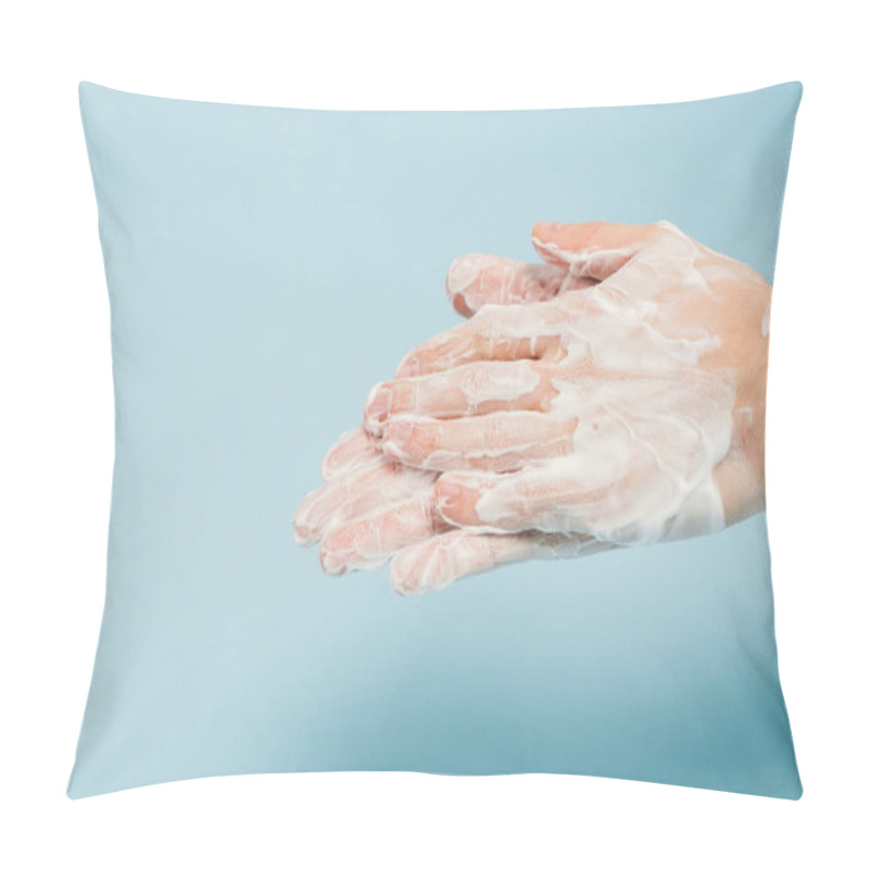 Personality  Cropped View Of Man Washing Hands On Blue  Pillow Covers