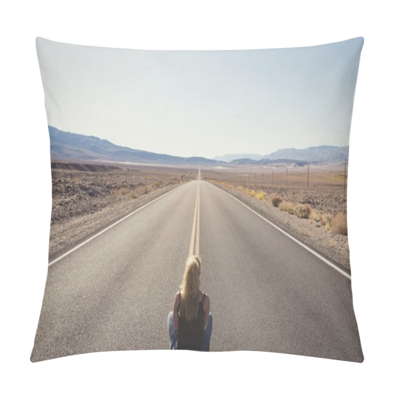 Personality  Woman Sitting Alone On Street In The Middle Of Nowhere. Wanderlust Concept Pillow Covers