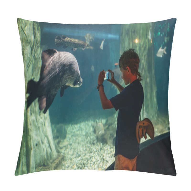 Personality  Little Boy Using A Phone Taking A Photo Of Arapaima Gigas, Also Known As Pirarucu Living In Amazon River In The Underwater Huge Aquarium Pillow Covers