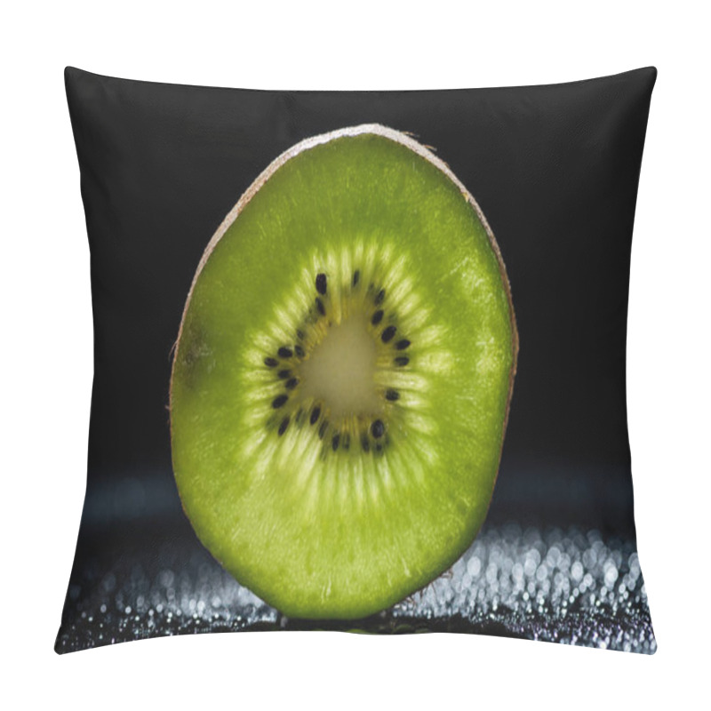 Personality  Slice Of Fresh Kiwi Fruit On Black Background Pillow Covers