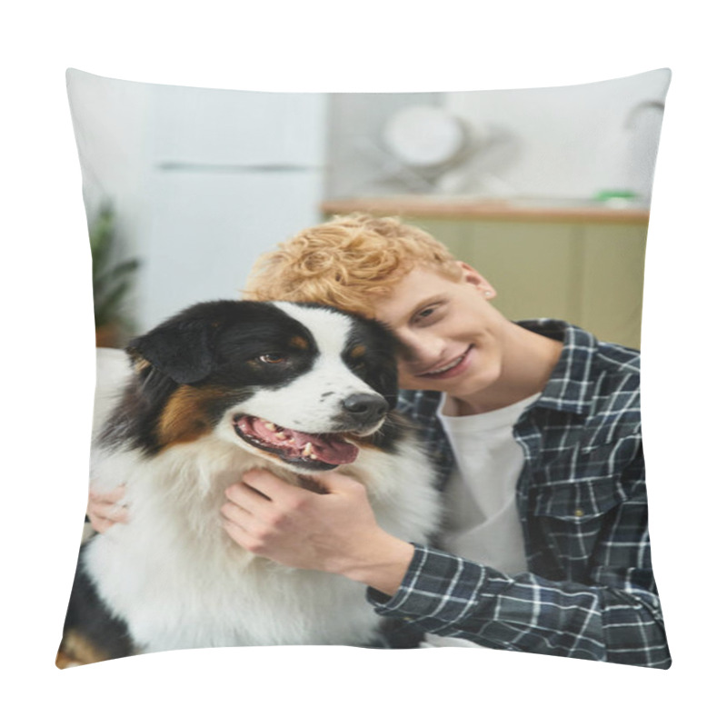 Personality  A Young Redhead Man Cuddles His Adorable Australian Shepherd In A Modern Home Setting. Pillow Covers