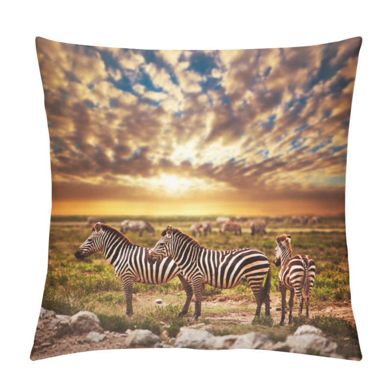 Personality  Zebras Herd On African Savanna At Sunset. Pillow Covers