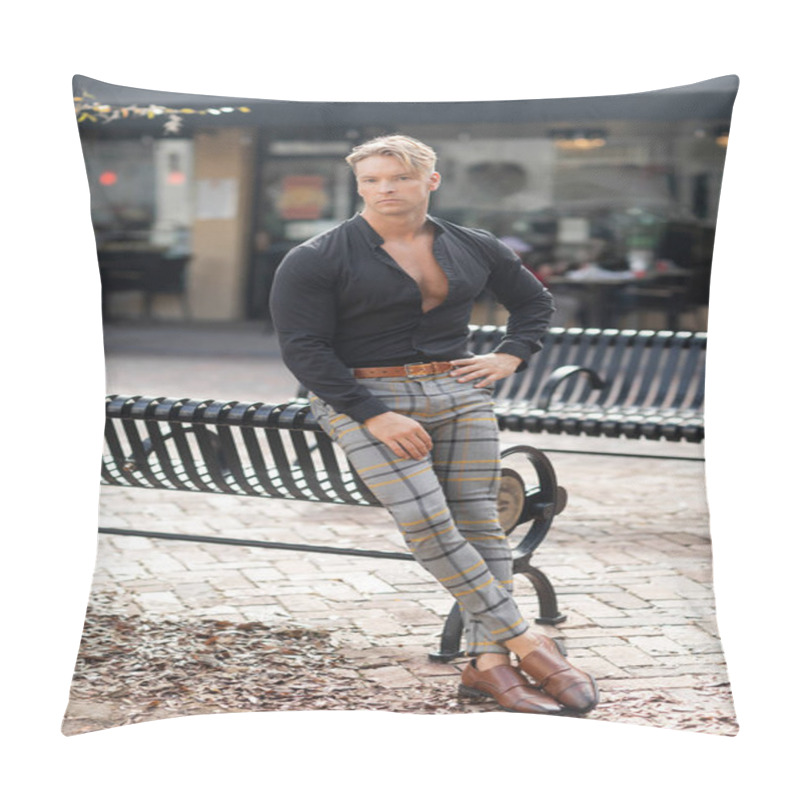 Personality  A Handsome Blonde Man In A Black Shirt And Plaid Pants Poses On A Bench In Orlando, Florida. Pillow Covers