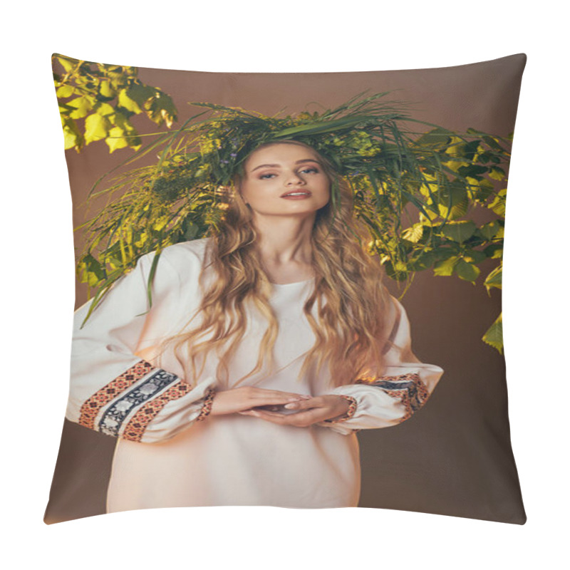 Personality  A Young Mavka Exuding Grace And Beauty In A White Dress Adorned With Intricate Details In A Whimsical Studio Setting. Pillow Covers