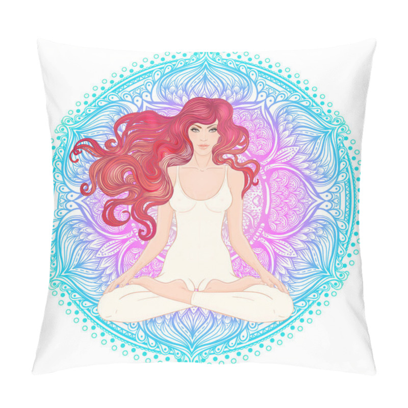 Personality  Young Woman Sitting In Lotus Pose With Ornate Mandala On Background Pillow Covers