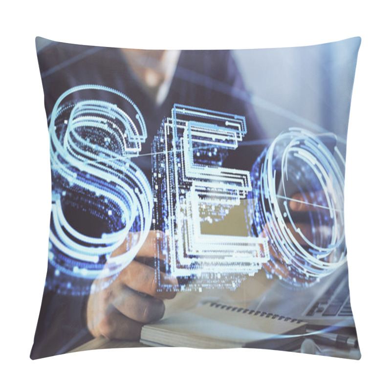 Personality  Multi Exposure Of Mans Hands Holding And Using A Digital Device And Seo Drawing. Search Optimization Concept. Pillow Covers