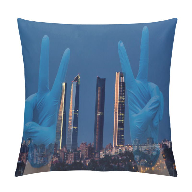 Personality  Madrid Skyline With Transparent Hands With Latex Gloves And Victory Sign. Beating, Defeating Coronavirus Spain Concept, End Of Coronavirus Pillow Covers