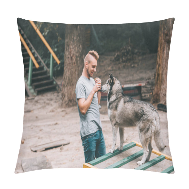 Personality  Young Dog Trainer With Obedient Husky On Dog Walk Obstacle  Pillow Covers