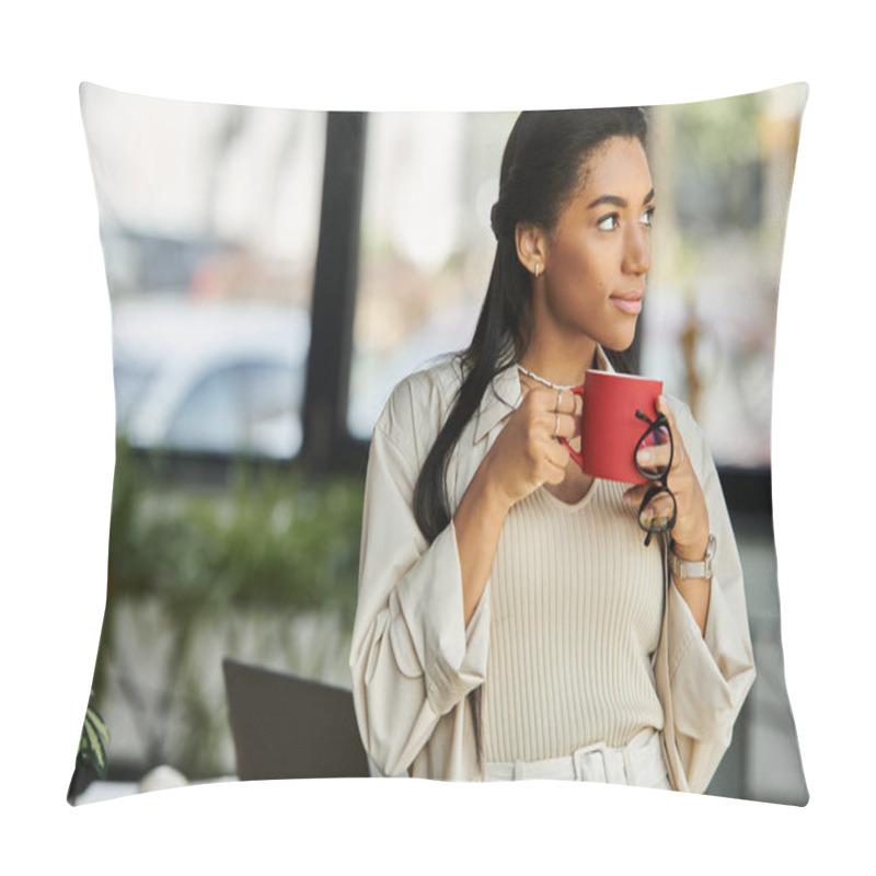 Personality  In A Bright Office, A Woman Holds A Coffee Cup, Taking A Moment To Reflect On Her Tasks. Pillow Covers