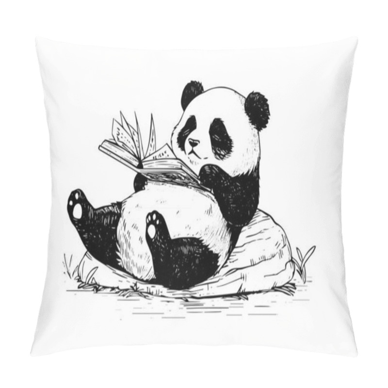 Personality  Panda Reading A Book Hand Drawn Ink Sketch. Vector Illustration Pillow Covers