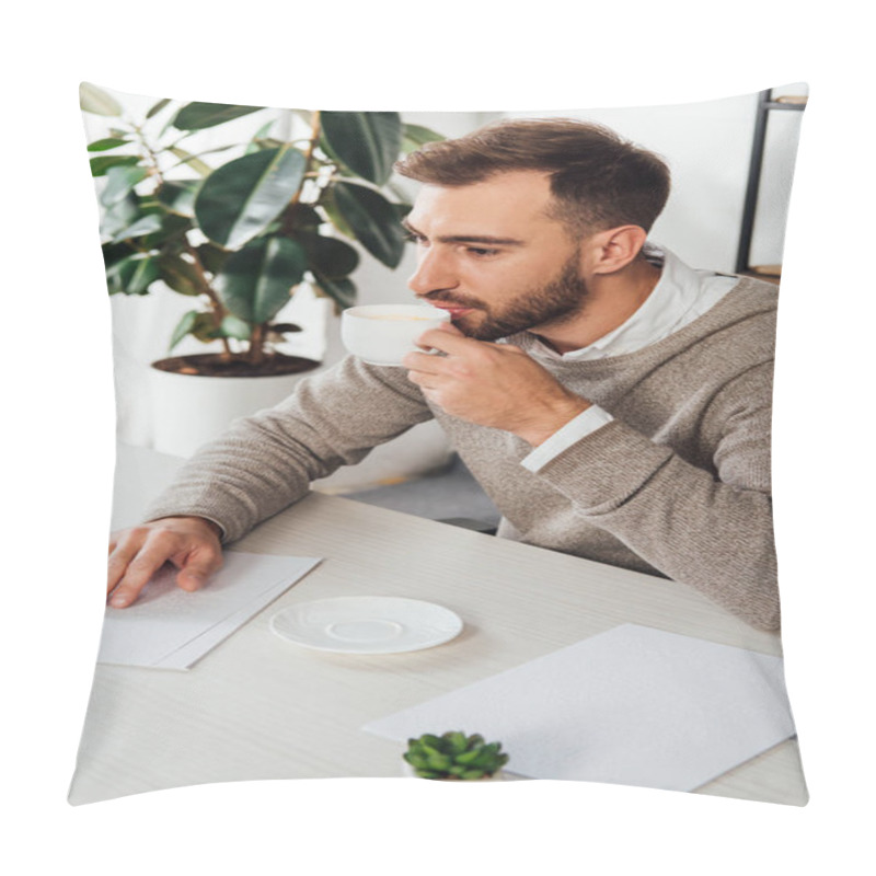 Personality  Blind Man Drinking Coffee White Reading Braille Font At Table Pillow Covers