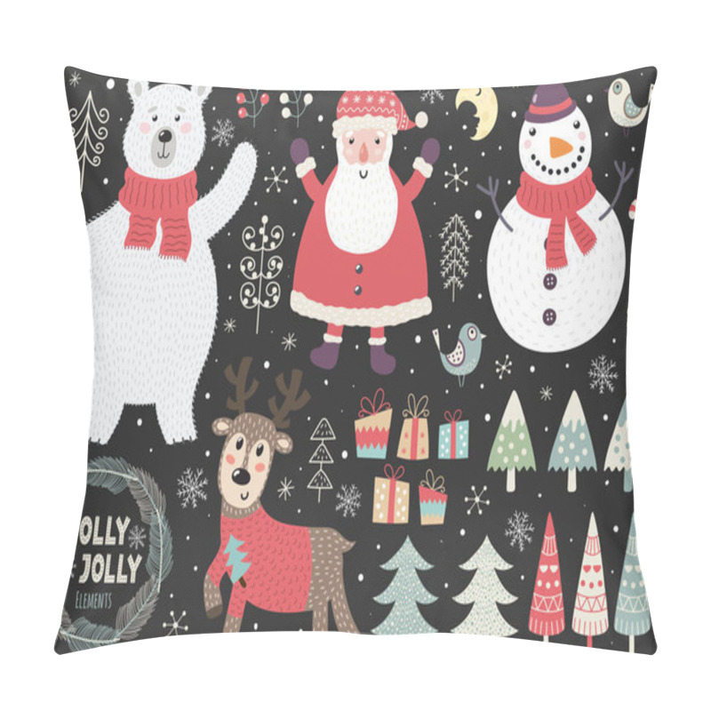 Personality  Set Of Cute Christmas Elements: Polar Bear, Santa, Snowman, Deer, Birds, Trees And Other. Great For Design Of Greeting Cards, Invitations, Tags And Stickers. Vector Illustration Pillow Covers