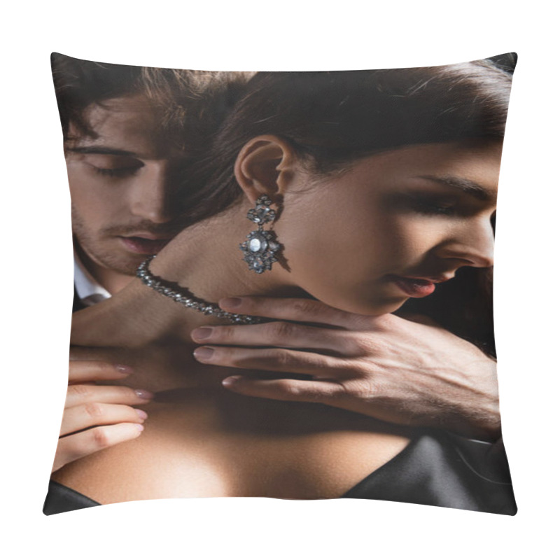 Personality  Close Up Shot Of Man Passionately Holding Hands On Neck Of Woman In Silk Dress And Jewelry Isolated On Black Pillow Covers