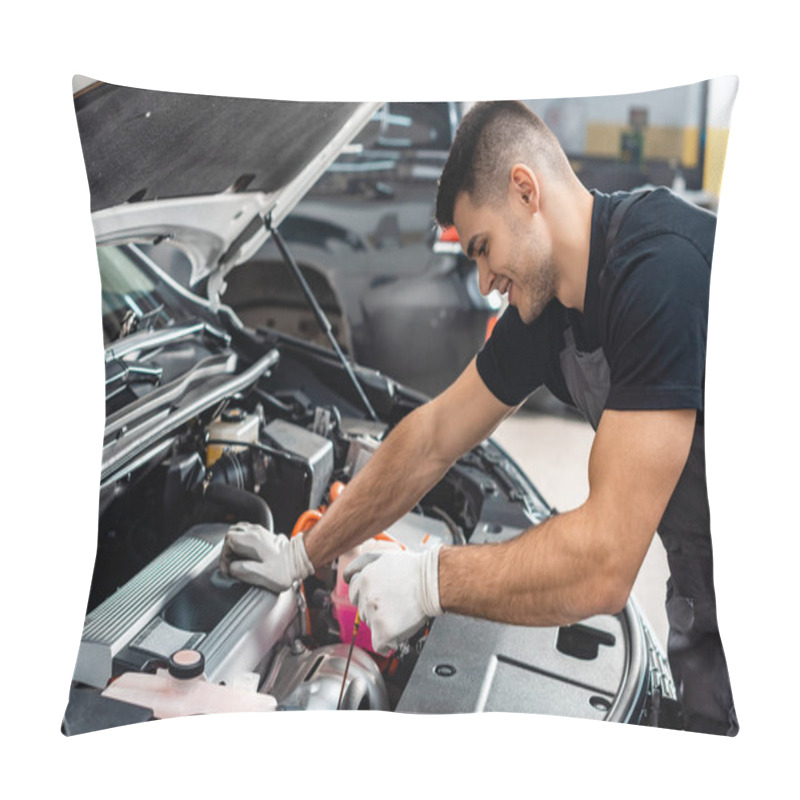 Personality  Smiling Mechanic Checking Engine Oil Level With Dipstick Pillow Covers