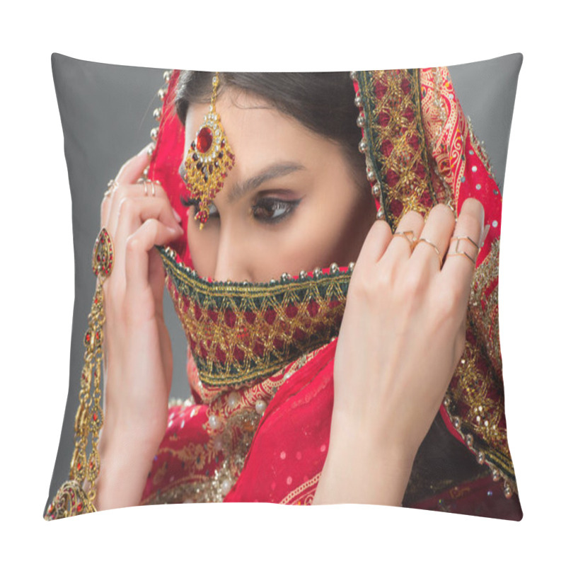 Personality  Indian Woman In Traditional Sari And Bindi, Isolated On Grey  Pillow Covers