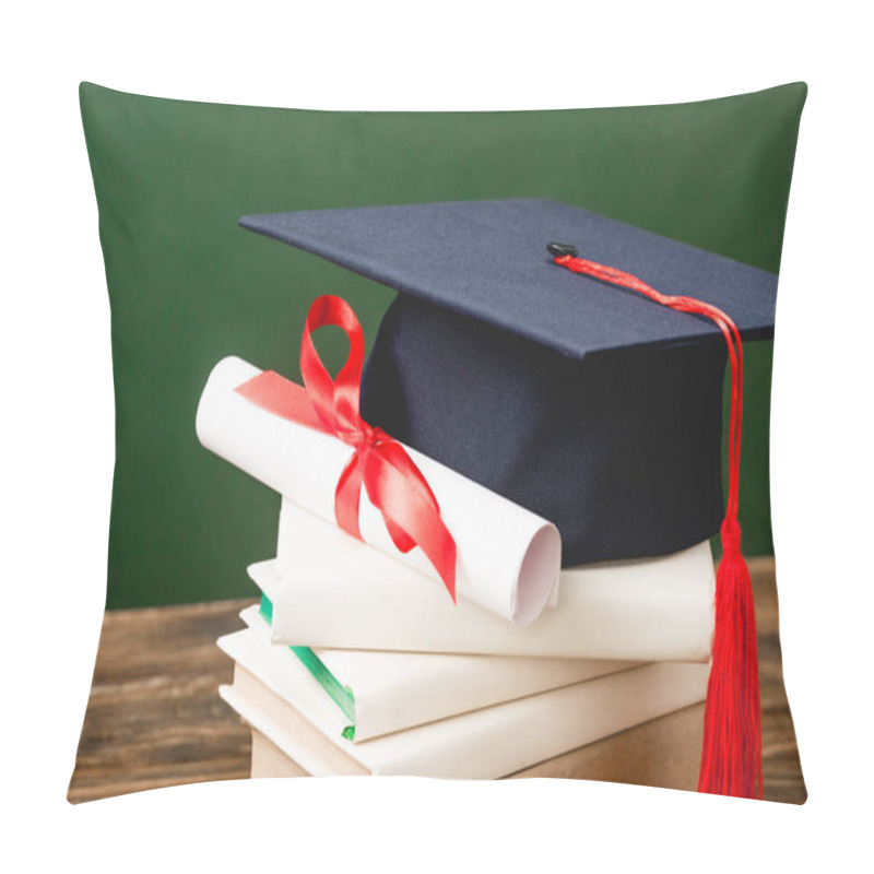 Personality  Books, Academic Cap And Diploma On Wooden Surface Isolated On Green Pillow Covers