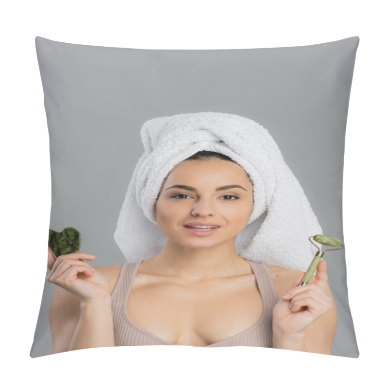 Personality  Young Woman With Towel On Head Holding Jade Roller And Gua Sha Isolated On Grey  Pillow Covers