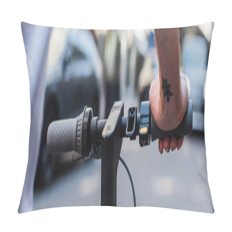 Personality  Partial View Of Tattooed Man Riding Electric Scooter On Street, Banner Pillow Covers